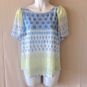 Lucky Brand Women's Small Blue and Yellow Peasant Blouse